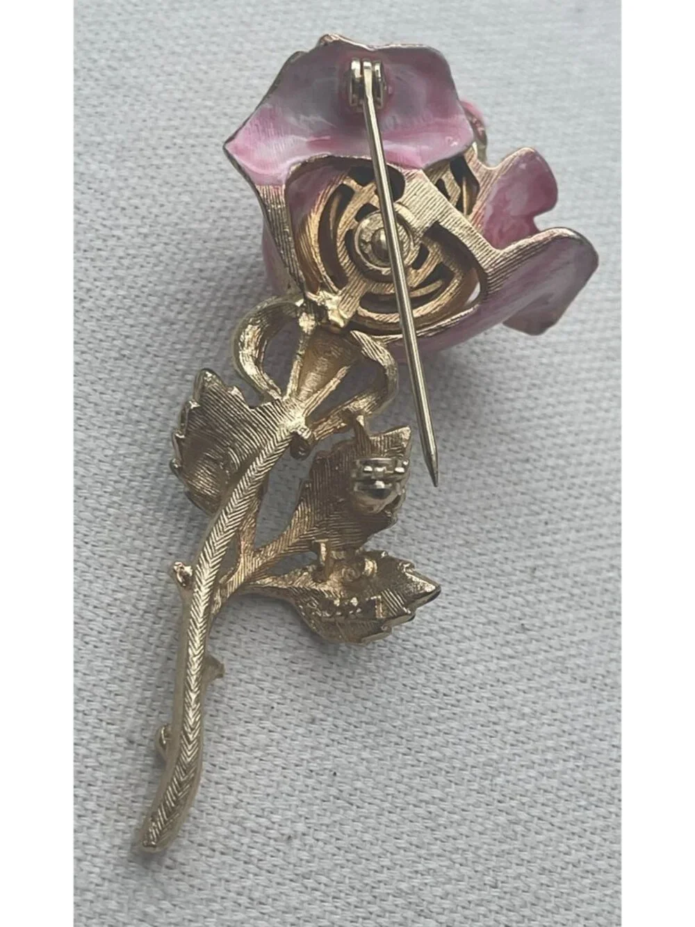 Vtg Signed Coro Enamel Rose Brooch Pink Floral Pin With Rhinestones & Gold-Tone